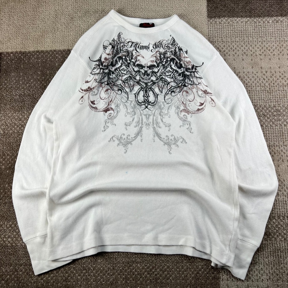 Y2K Miami Ink Mens White Skull Graphic Thermal Waffle Knit Shirt 2XL